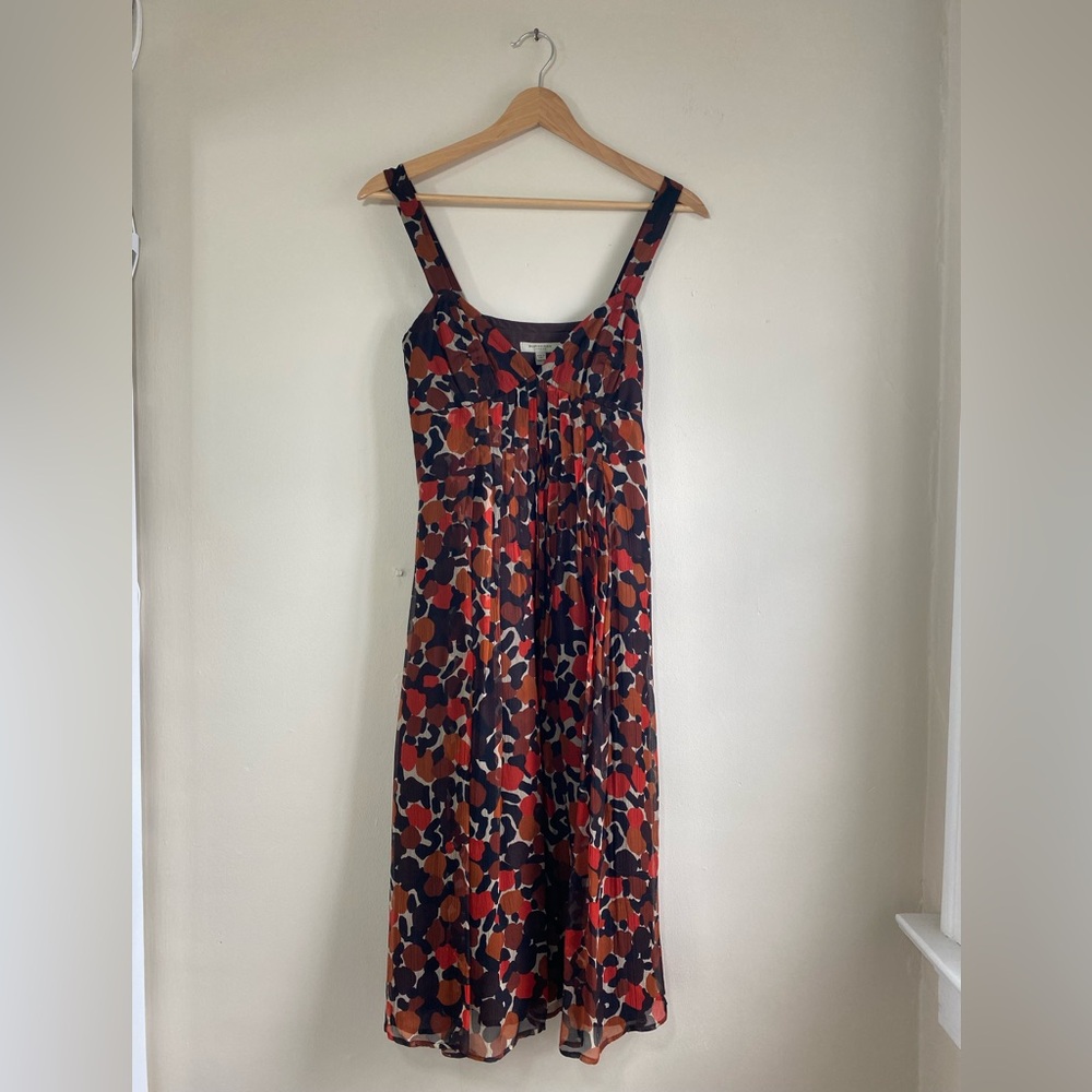 Burberry London Vintage Brown Red Orange 100% Silk Pleated Midi Dress Size 0